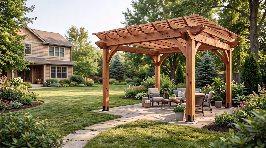 A Bellevue pergola builder constructed this wooden pergola over a stone patio with garden seating.