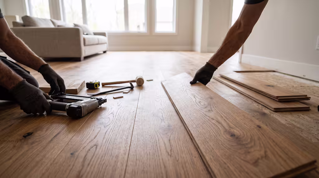 A Bellevue pergola builder uses a nail gun to install wooden floor planks.