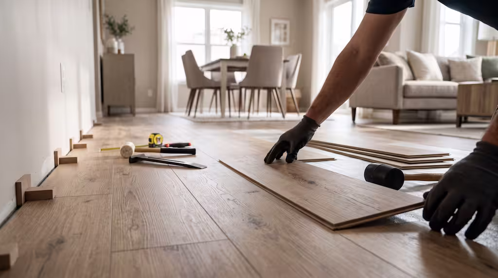 A person in gloves installs light wood laminate flooring as part of a Bellevue pergola project.