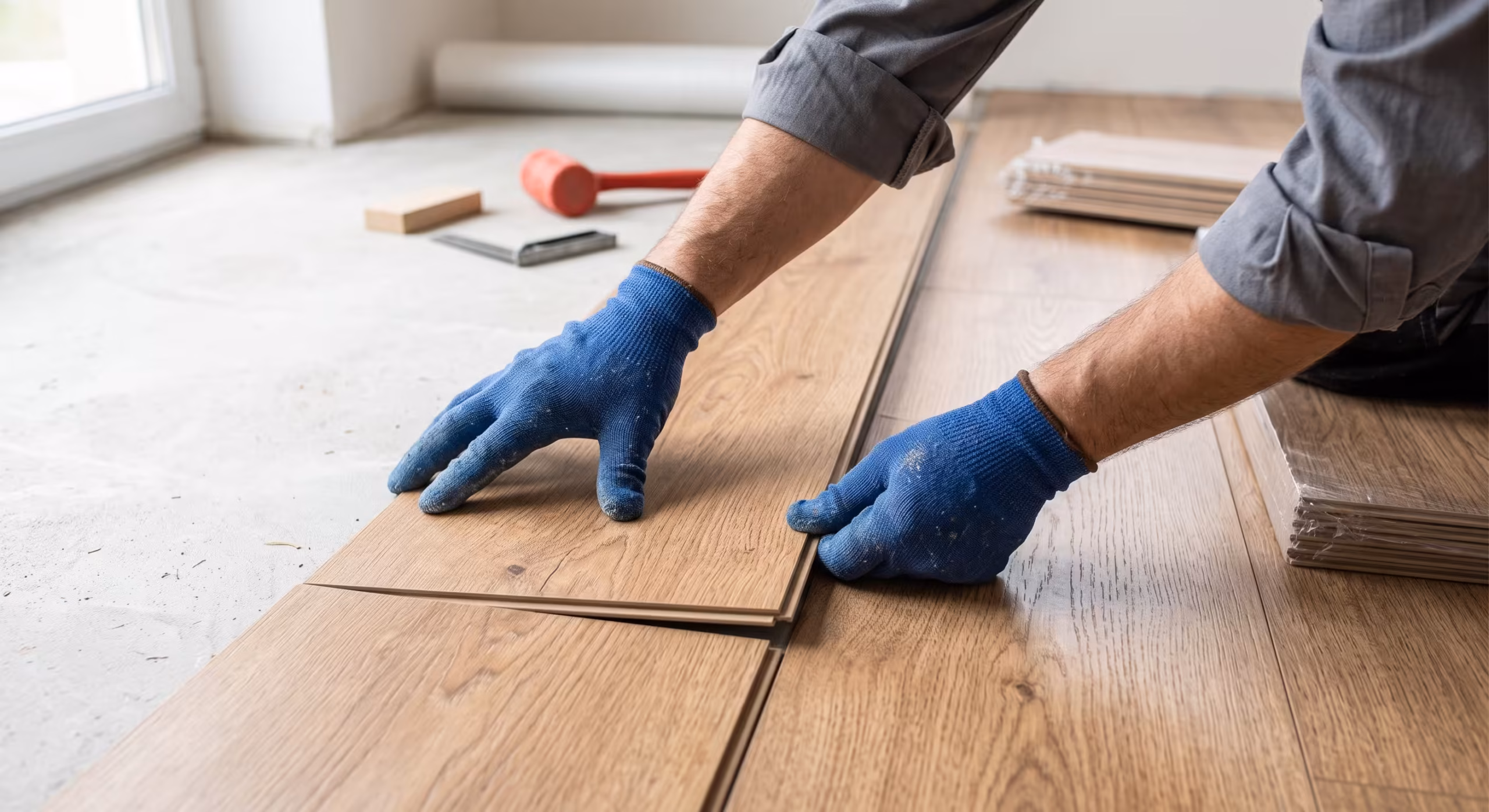 A flooring contractor in blue gloves installs wood laminate flooring on concrete near a window.
