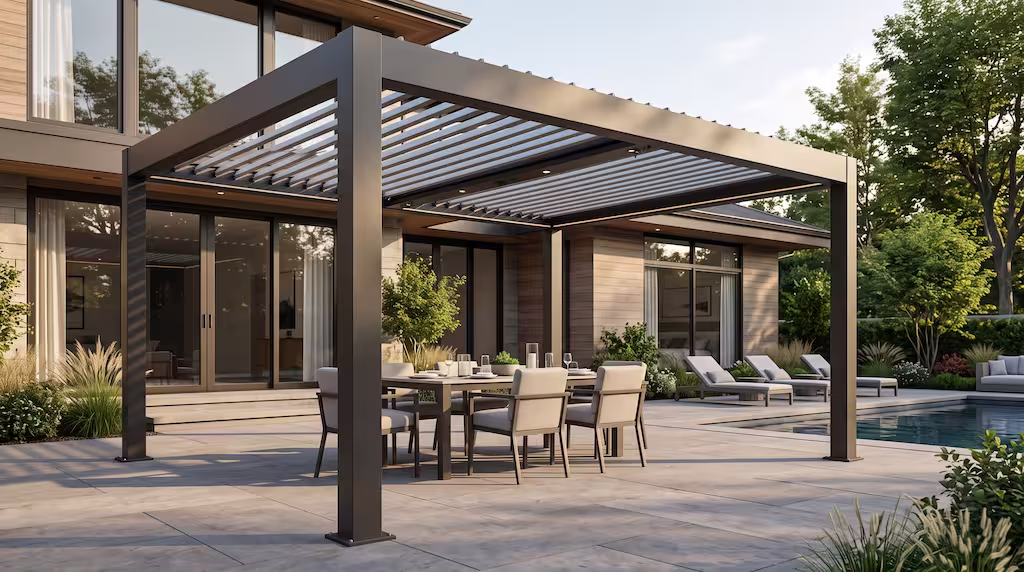 A black metal louvered pergola by a Bellevue builder covers a patio dining set beside a swimming pool.