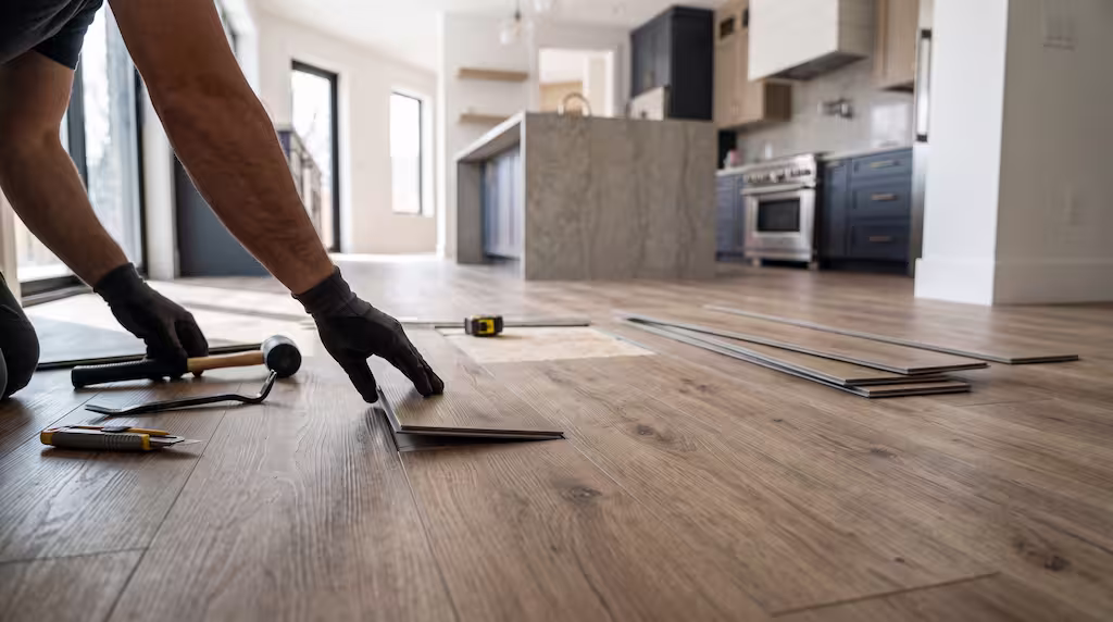 A person wearing gloves installs wood-look laminate flooring.