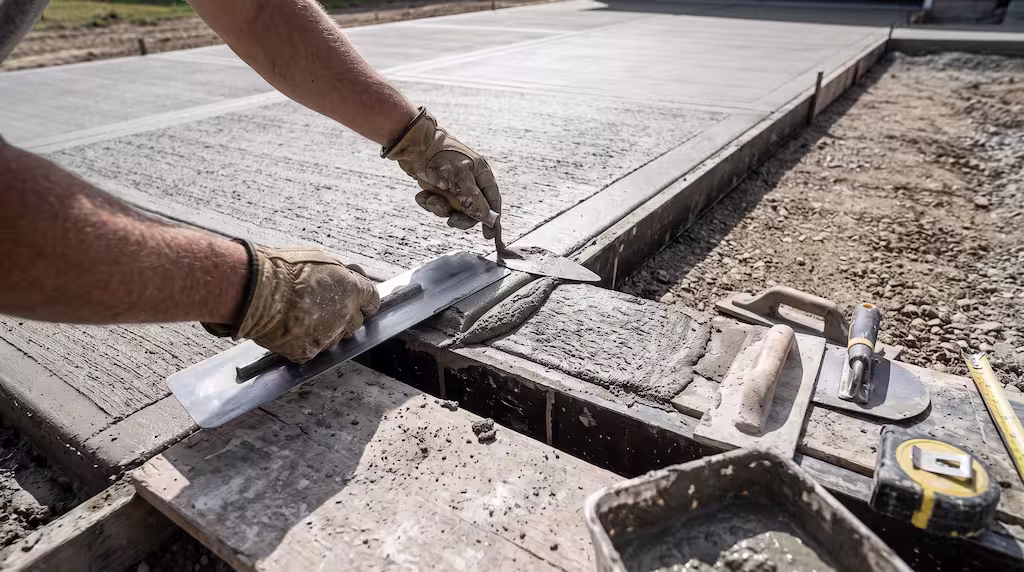 A worker wearing gloves uses hand tools to smooth wet concrete along a driveway edge.