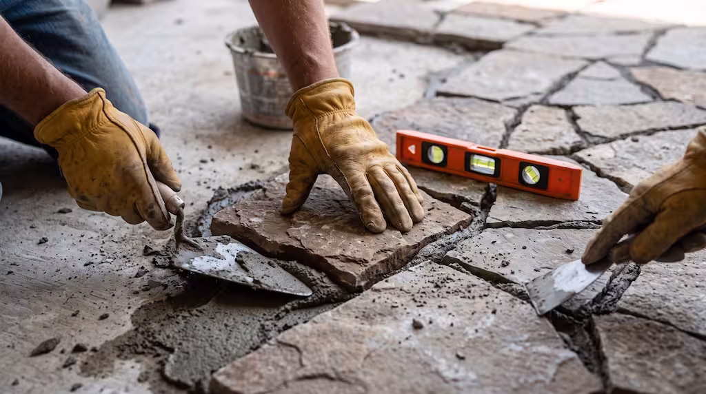 A flooring contractor’s gloved hands place stone tiles in wet cement with an orange level beside them.