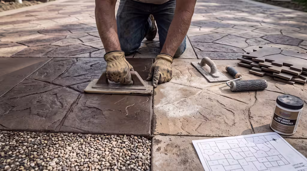 A worker trowels stamped driveway concrete using color hardener and a layout plan.