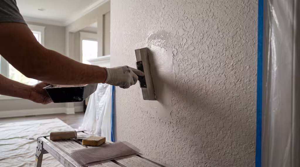 A drywall contractor uses a trowel to apply joint compound to a textured wall.