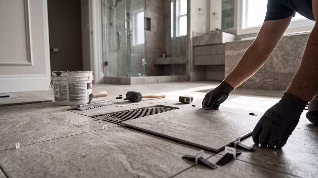 A worker in gloves installs a large tile on a bathroom floor in a project by a Pergola Builder.
