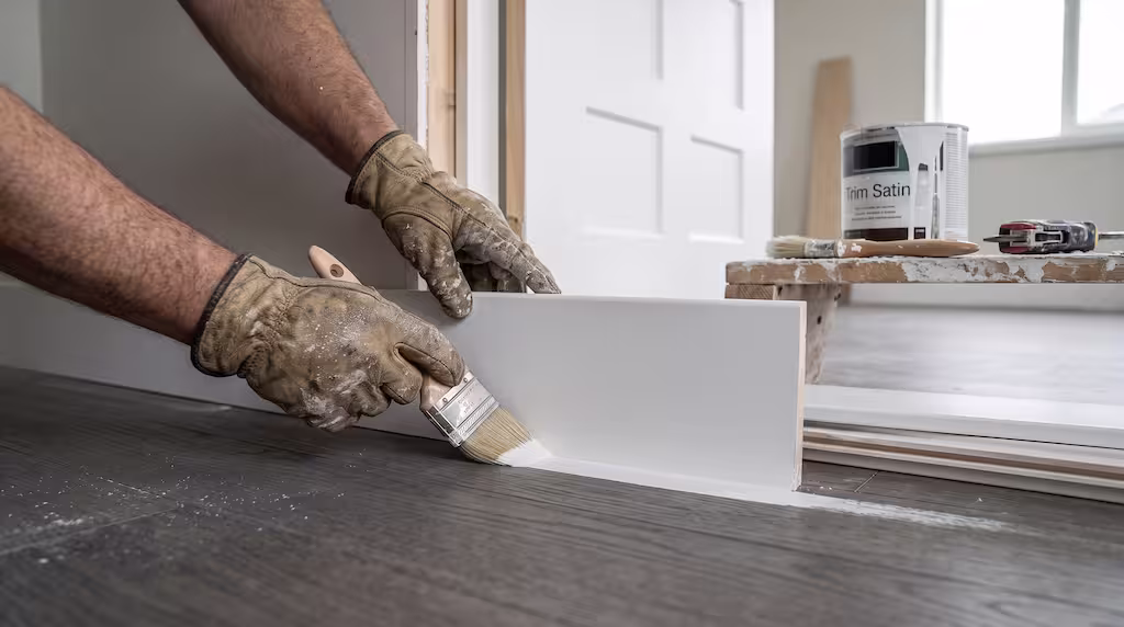 A person in work gloves uses a brush to paint a white interior baseboard.