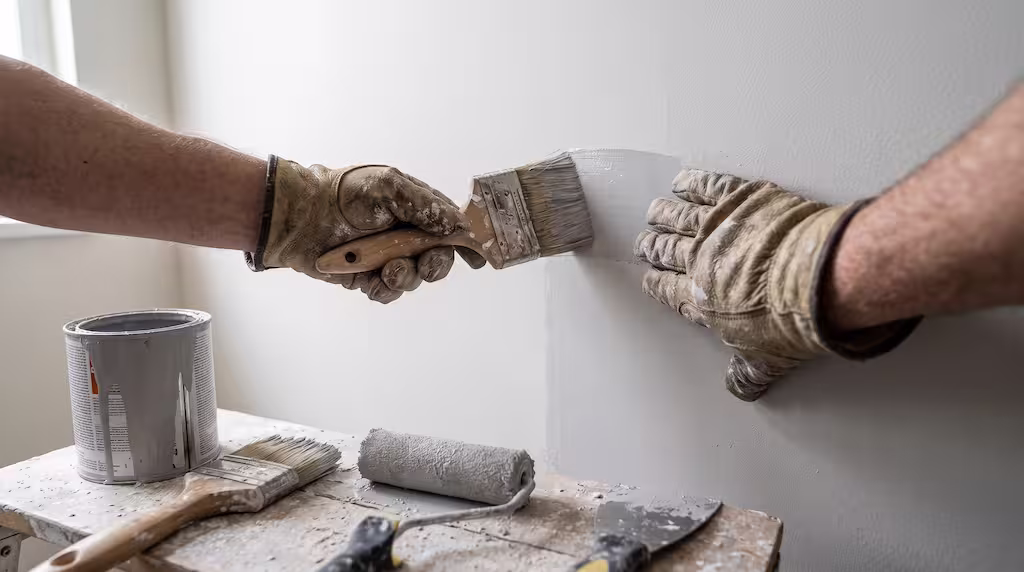 A person in work gloves uses a brush to paint a wall white near a table of tools.