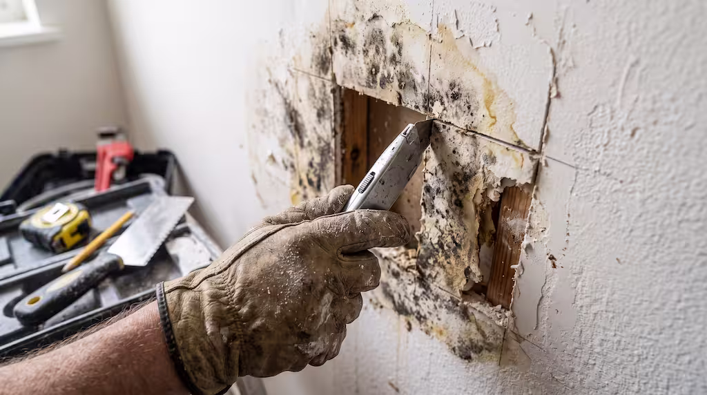 A drywall contractor’s gloved hand cuts out moldy drywall near a hole, with toolbox and tools nearby.