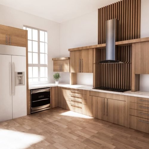 A kitchen featuring warm wooden cabinets paired with modern appliances, such as a stove, oven, and refrigerator. The space is designed with clean lines and a functional layout, possibly including a countertop or island. Natural or artificial lighting highlights the wood grain and the sleek surfaces of the appliances, creating a cozy and contemporary atmosphere.