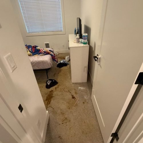 A messy bedroom with an unmade bed, clutter, and stained carpet that may need a flooring contractor.