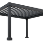A sleek black metal pergola with a slatted roof by a top Bellevue Pergola Builder on a white background.