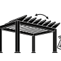 Black and white icon of a pergola with adjustable slats, remote control, and text reading Pergola Builder.